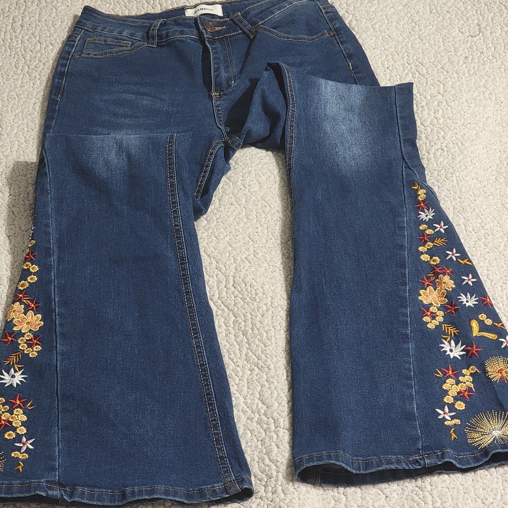 Bamboo Embroidered Flare Boho Jeans 9 Blue Stretch Juniors - Picture 5 of 7